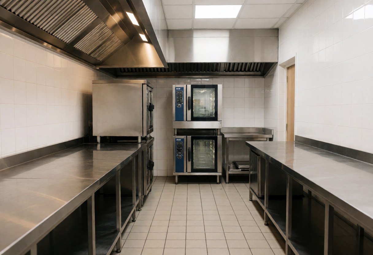 Cuisine professionnelle vide avec comptoirs en acier inoxydable, murs et sol carrelés, casseroles et fours modernes, éclairage lumineux et propre.