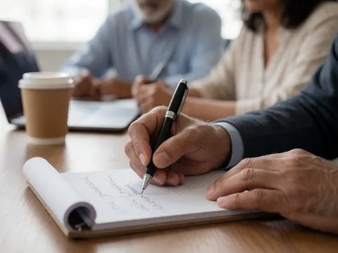 Une main adulte prend des notes stratégiques dans un carnet, avec une tasse de café et un ordinateur portable en arrière-plan flou.