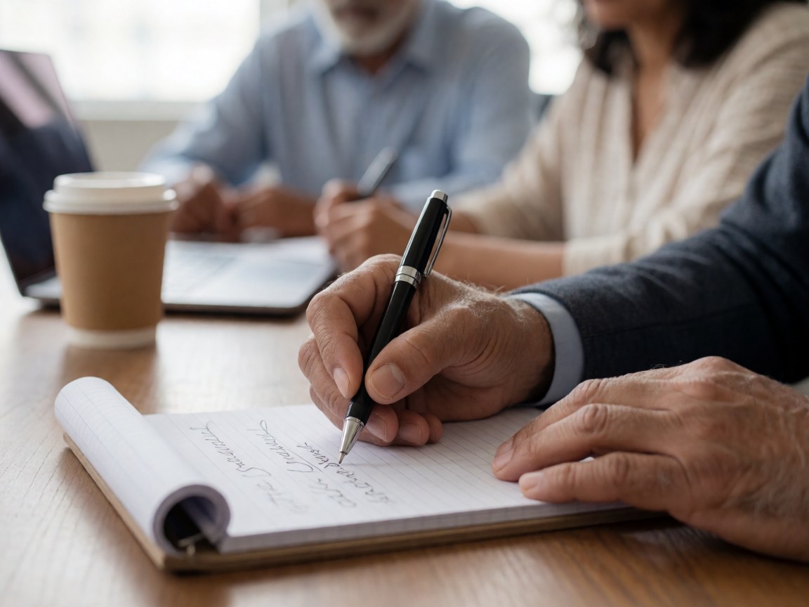 Une main adulte prend des notes stratégiques dans un carnet, avec une tasse de café et un ordinateur portable en arrière-plan flou.