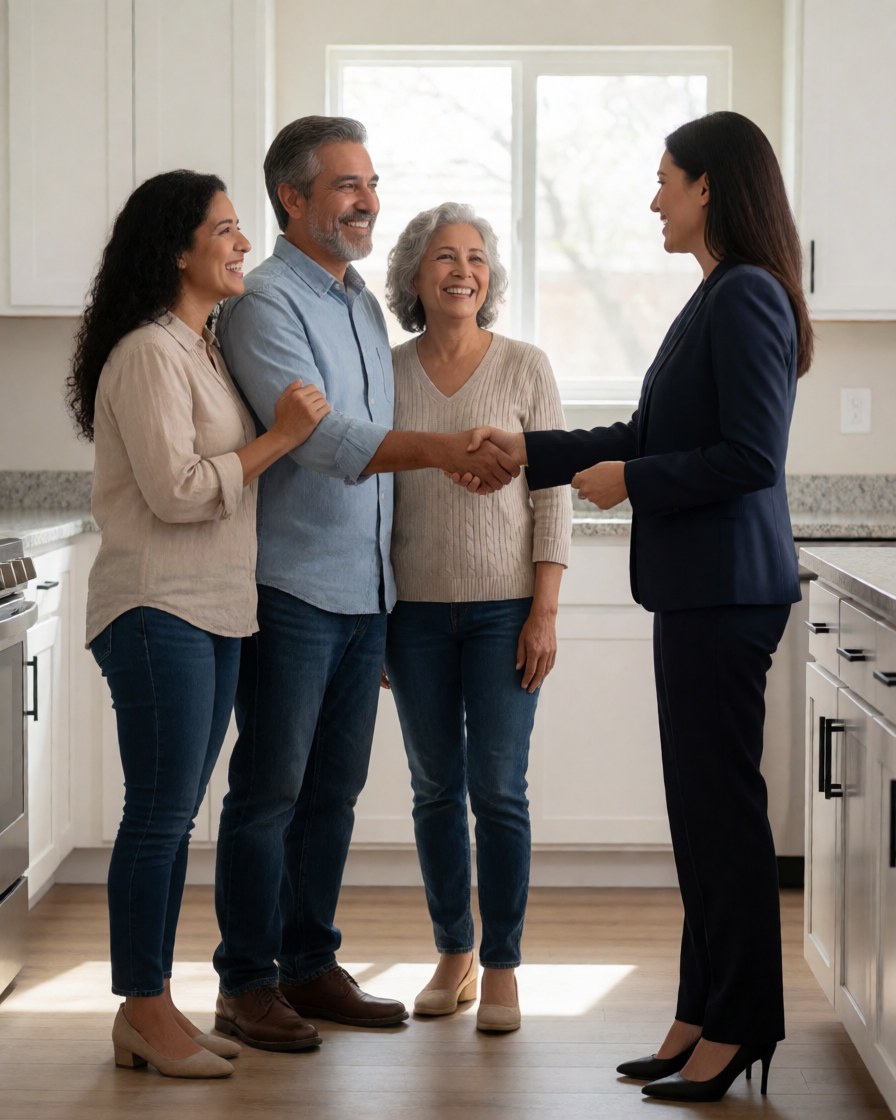 Une famille heureuse célèbre dans sa nouvelle cuisine avec un agent immobilier, baignée de lumière naturelle et d'un design intérieur détaillé.