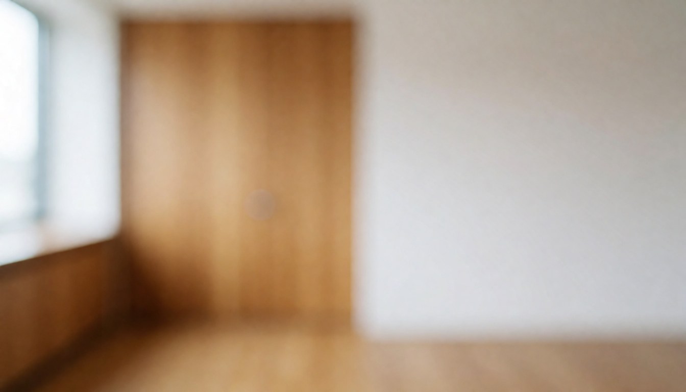 Fond abstrait de bureau moderne avec murs blancs et détails en bois, idéal pour textes et présentations professionnelles