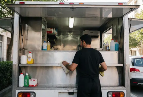 Un homme nettoie l'extérieur d'un food truck avec des linges, tandis que des produits d'entretien et des ustensiles sont visibles à l'intérieur du véhicule.