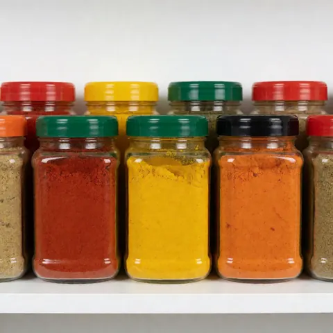 Plusieurs bocaux d'épices aux couleurs vives comme le rouge, le jaune et l'orange disposés sur une étagère blanche, idéal pour les minimarchés ou épiceries.