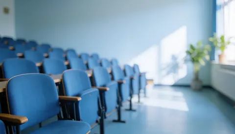 Une salle de classe universitaire vide avec des chaises bleues, des murs clairs et une lumière naturelle entrant par les fenêtres.