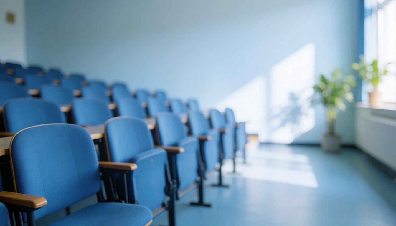 Une salle de classe universitaire vide avec des chaises bleues, des murs clairs et une lumière naturelle entrant par les fenêtres.