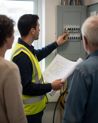 Un électricien en gilet jaune montre des plans électriques à des clients dans une salle de distribution avec un tableau et des câbles visibles.