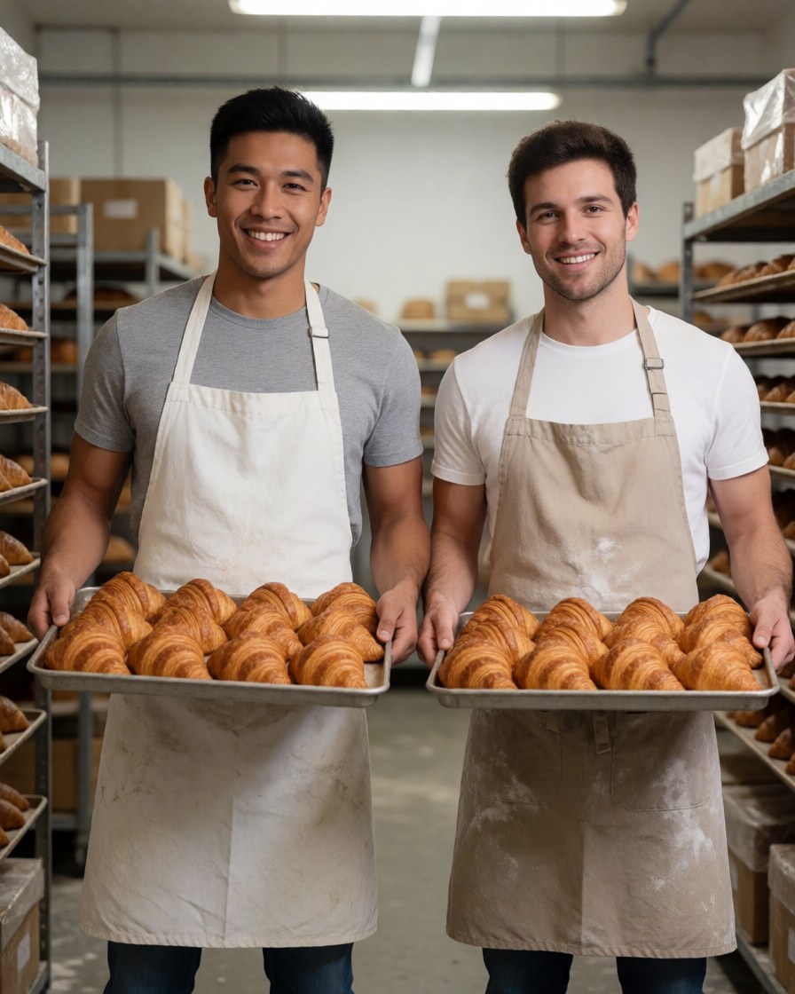 Deux jeunes boulangers souriants tiennent des plateaux remplis de croissants dorés dans un entrepôt de boulangerie avec des étagères en arrière-plan.