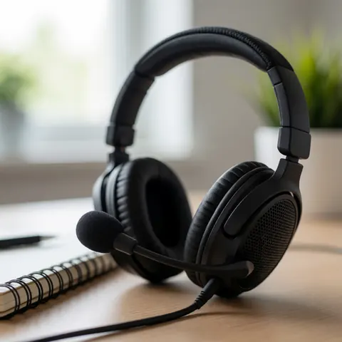 Casque audio professionnel avec microphone intégré posé sur une surface de travail, accompagné d'un carnet, évoquant le télétravail et les visioconférences.