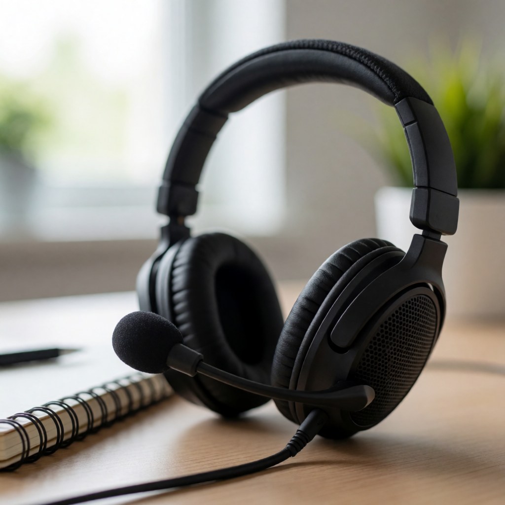 Casque audio professionnel avec microphone intégré posé sur une surface de travail, accompagné d'un carnet, évoquant le télétravail et les visioconférences.