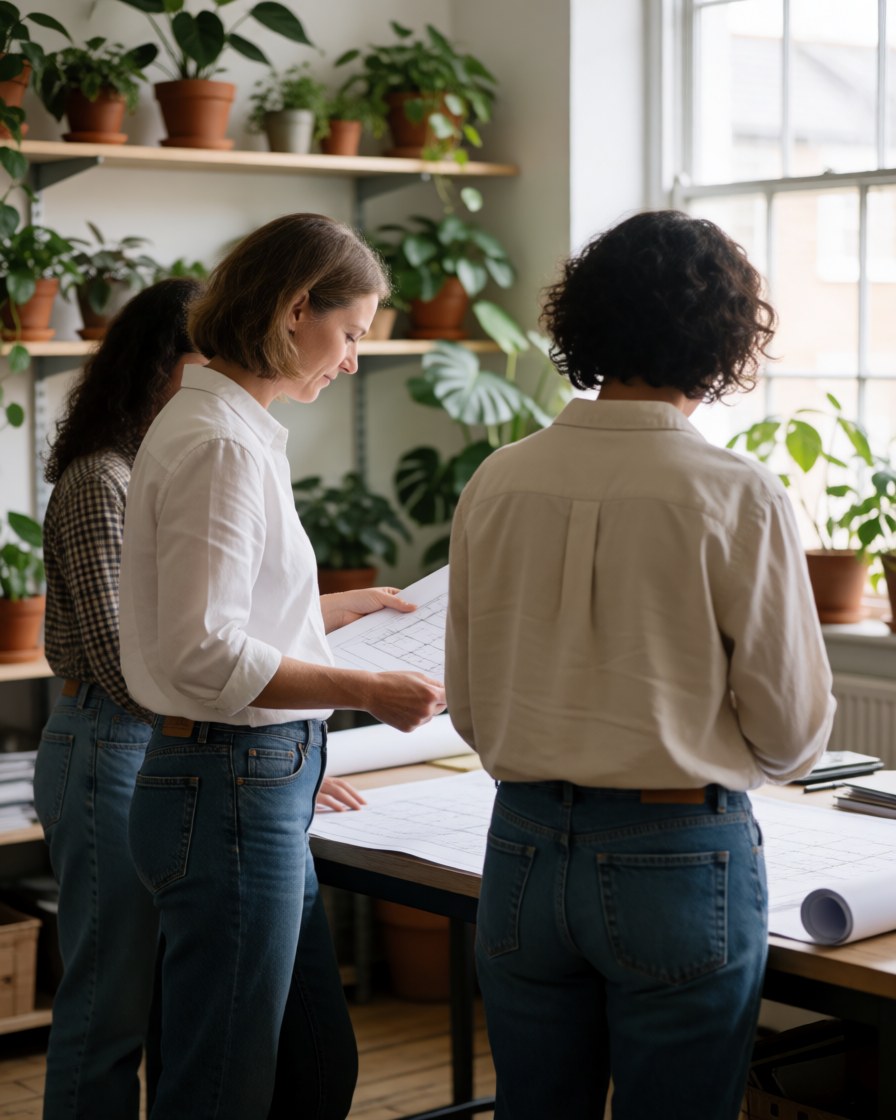 Trois professionnelles consultent des plans de paysagisme dans un bureau lumineux et végétalisé.
