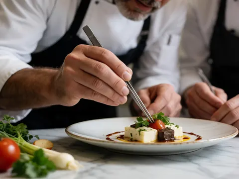 Un chef utilise des pinces pour placer des détails sur un plat gastronomique posé sur du marbre, entouré de légumes frais.