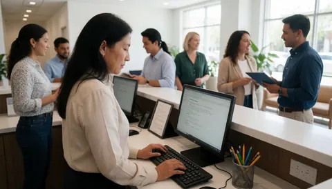 Réception moderne où une réceptionniste accueille des visiteurs et des employés dans un environnement professionnel et dynamique.