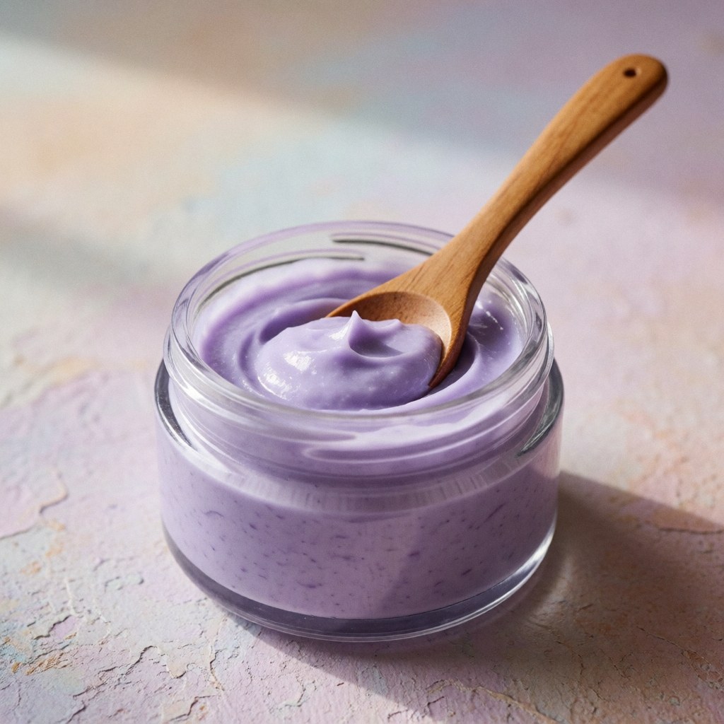 Crème de lavande dans un flacon en verre avec une petite cuillère en bois sur une surface texturée pastel et un éclairage naturel doux.