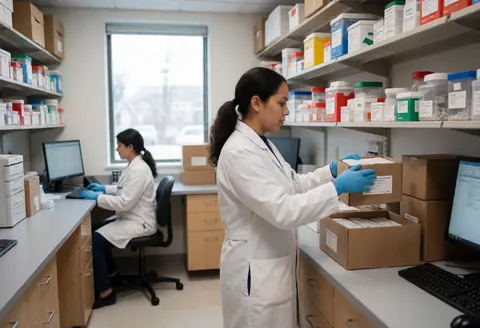 Une technicienne en blouse blanche range des boîtes d'inventaire près d'étagères de fournitures médicales tandis qu'une collègue travaille sur un ordinateur en arrière-plan.