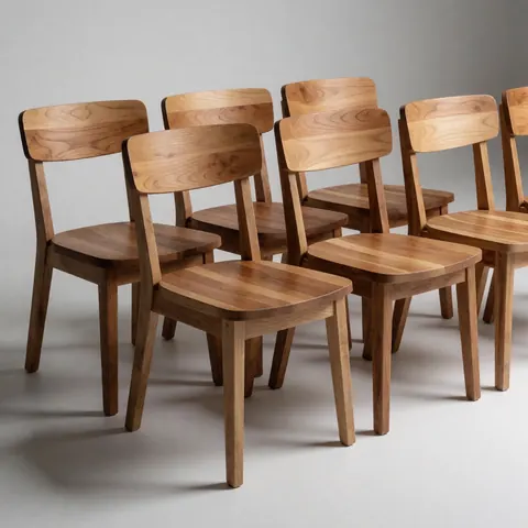 Chaises en bois au fini naturel, au design moderne et minimaliste, alignées en rangée sur un fond gris clair.