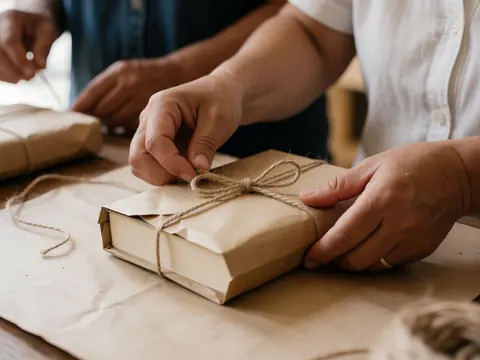 Mains enveloppant un livre avec du papier kraft et de la ficelle de jute, détail de la texture et du nœud.