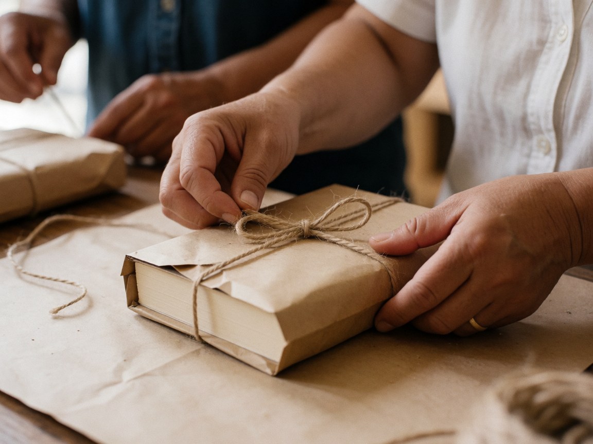 Mains enveloppant un livre avec du papier kraft et de la ficelle de jute, détail de la texture et du nœud.