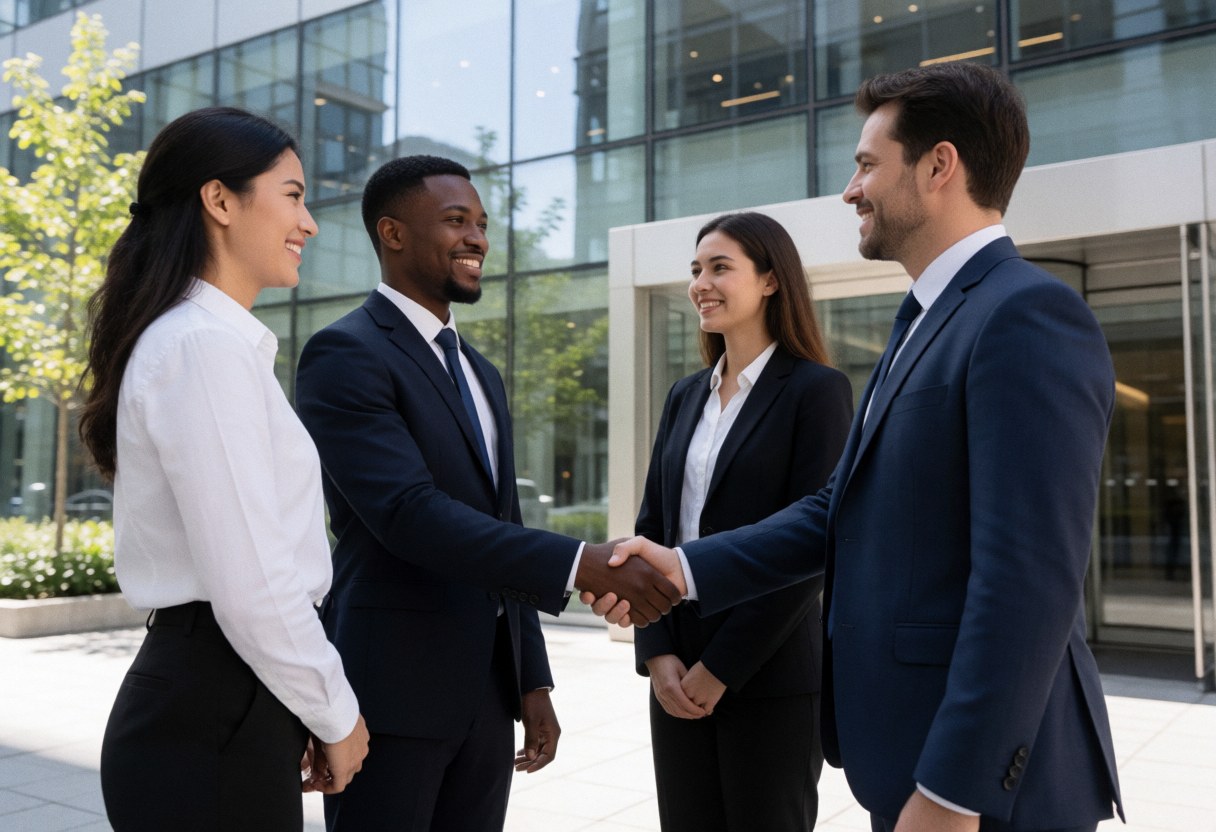 Un responsable de sécurité et un client échangent une poignée de main devant un immeuble moderne, tandis que d'autres professionnels observent la scène.
