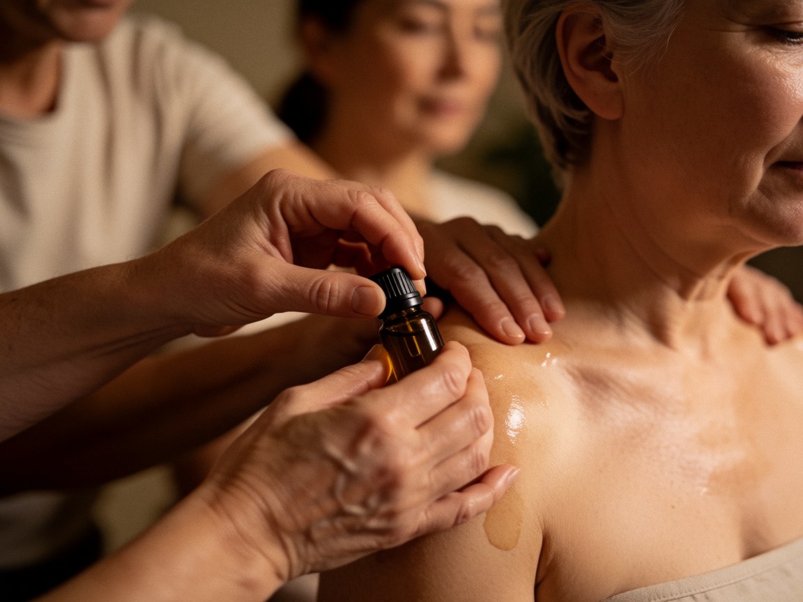 Des mains massent les épaules avec de l'huile essentielle dans un cadre relaxant à la lumière chaude et au fond flou.