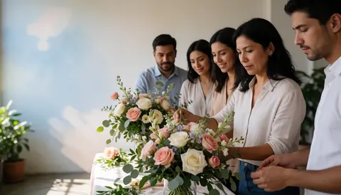 Une équipe de planificateurs de mariages compose des arrangements floraux dans un loft lumineux disposant d'un espace pour texte.