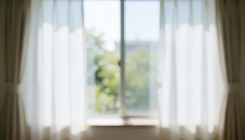 Fenêtre avec rideaux blancs, lumière douce et arbres en arrière-plan, idéal pour une clinique dentaire moderne et accueillante.