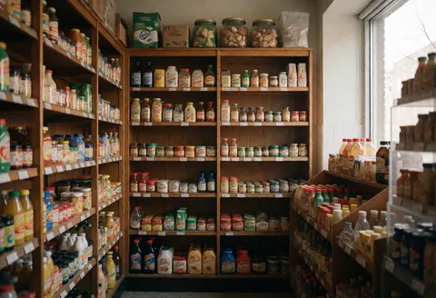 Intérieur d'épicerie avec étagères en bois remplies de produits variés, lumière naturelle par la fenêtre, ambiance chaleureuse et accueillante.