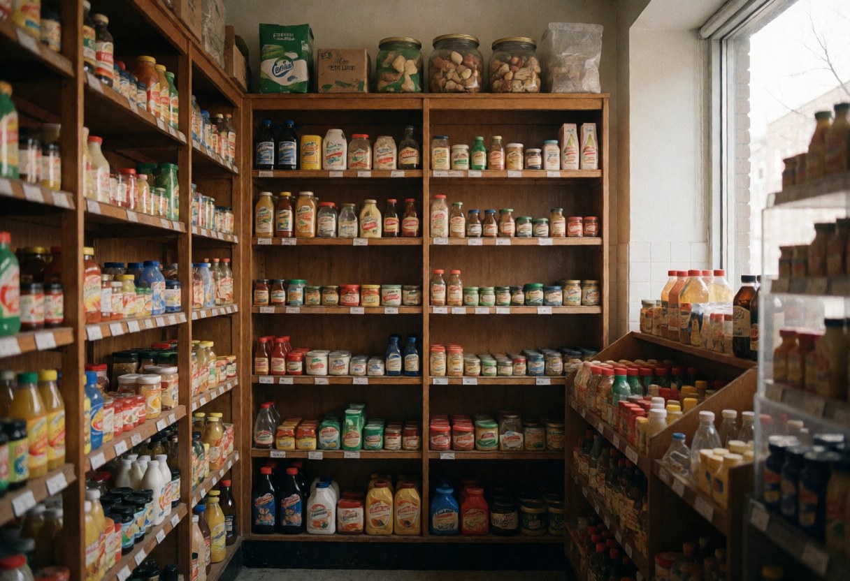 Intérieur d'épicerie avec étagères en bois remplies de produits variés, lumière naturelle par la fenêtre, ambiance chaleureuse et accueillante.