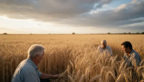 Trois agriculteurs inspectent le blé mûr dans un vaste champ sous un ciel dramatique au coucher du soleil.