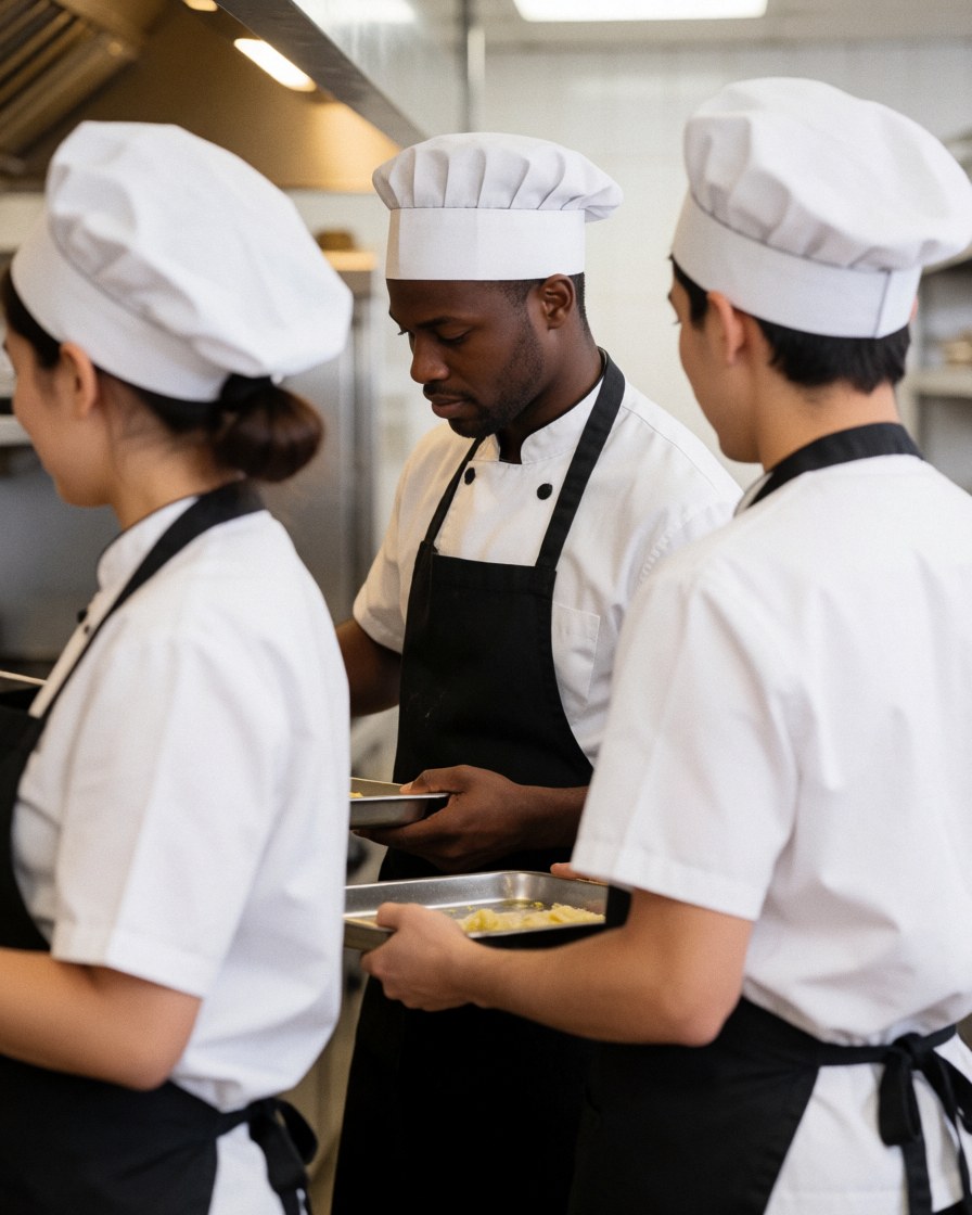 Trois jeunes chefs en tenue de cuisine rapide, portant bonnets et tabliers, préparent des plats avec professionnalisme et attention dans un environnement de restauration rapide.