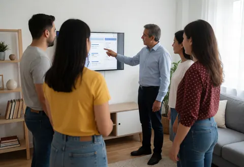 Un professionnel du support technique partage son écran et explique des fonctionnalités logicielles à des clients pendant une réunion en ligne depuis son domicile.