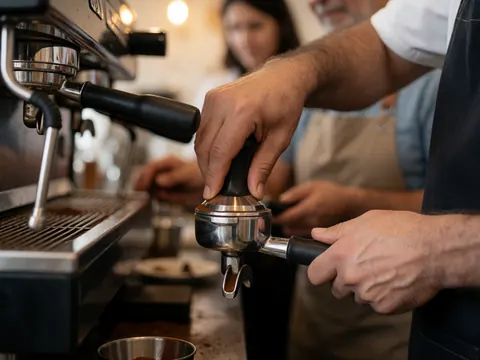 Gros plan sur les mains d'un barista tassant le café avec précision dans le filtre d'une machine espresso, dans un environnement chaleureux et professionnel.