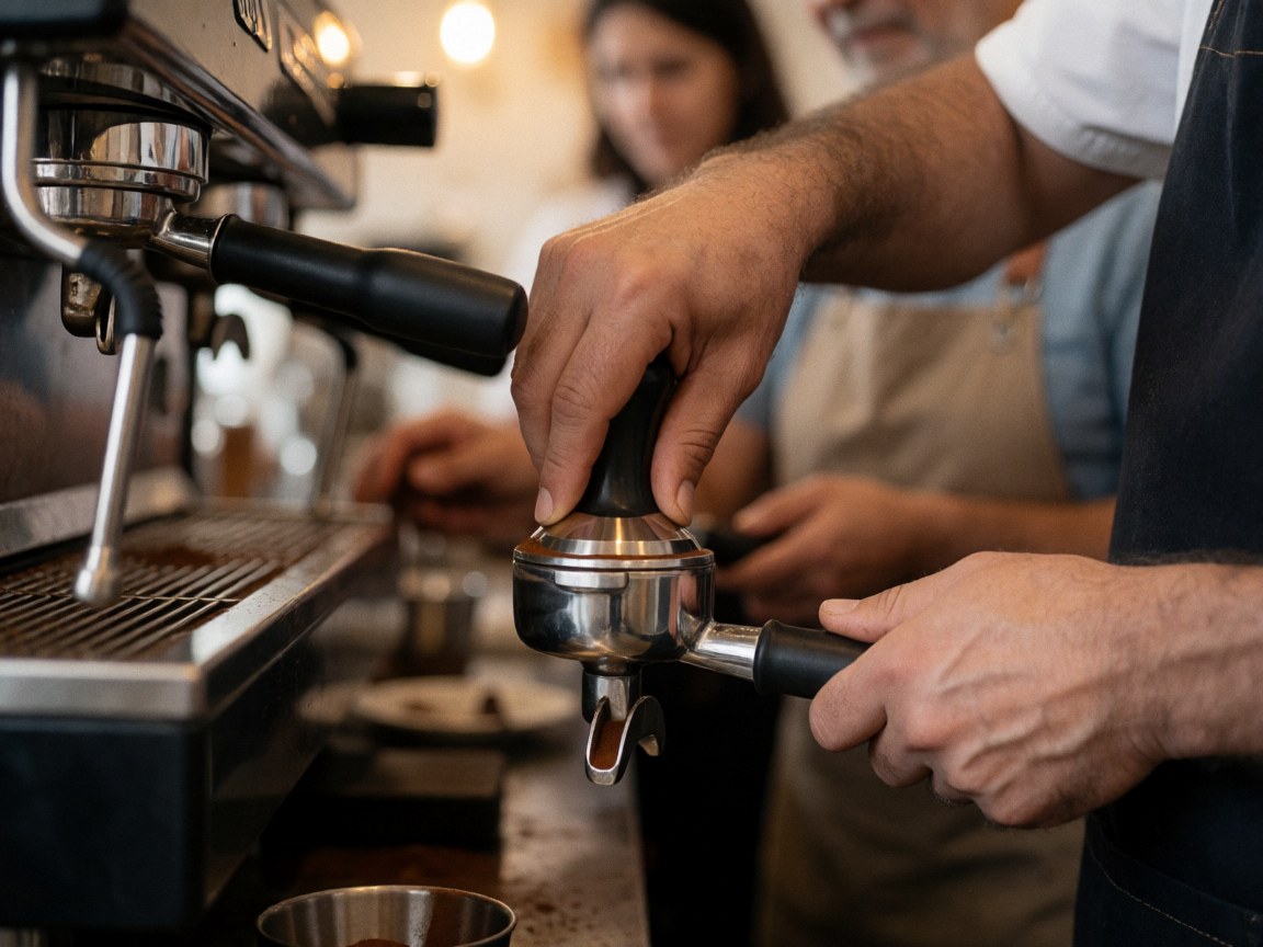 Gros plan sur les mains d'un barista tassant le café avec précision dans le filtre d'une machine espresso, dans un environnement chaleureux et professionnel.