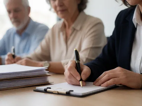 Agent d'écriture de notes dans le bureau, avec une pile de documents et d'autres adultes en arrière-plan.