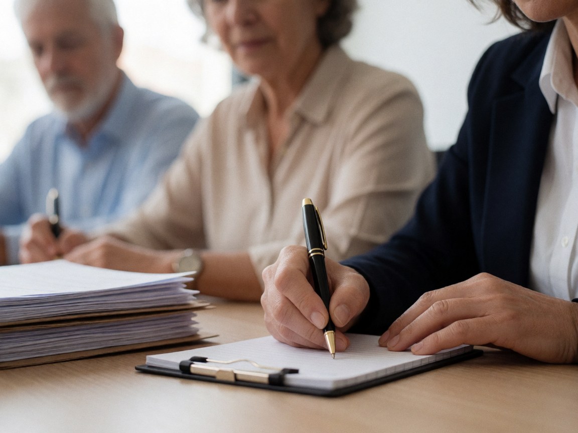Agent d'écriture de notes dans le bureau, avec une pile de documents et d'autres adultes en arrière-plan.