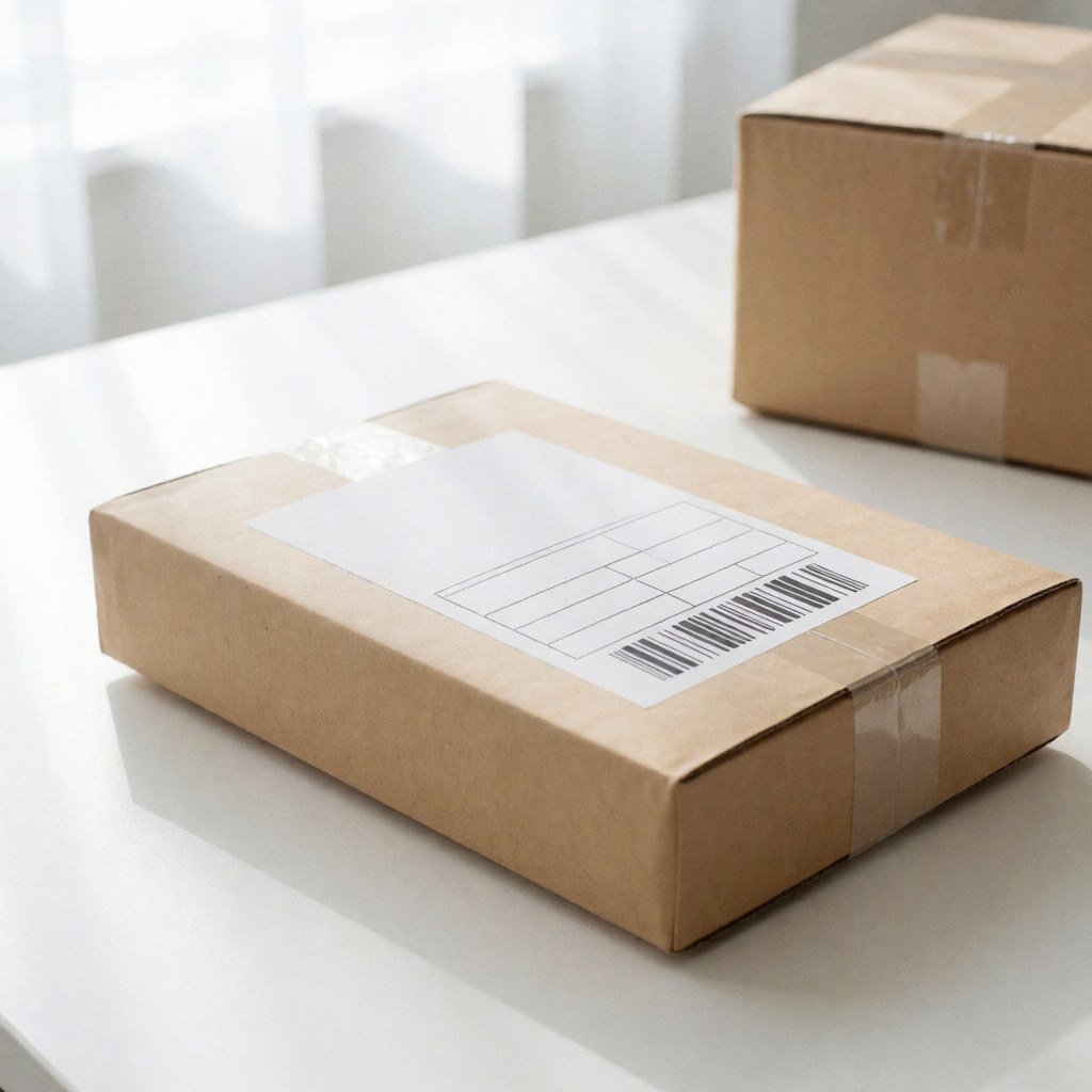 Colis de logistique posé sur une table blanche avec une étiquette blanche, éclairage lumineux pour un rendu propre et professionnel.