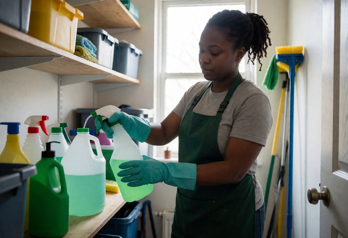 Une femme portant des gants et un tablier vert remplit un vaporisateur avec une solution écologique dans un placard de nettoyage bien organisé.