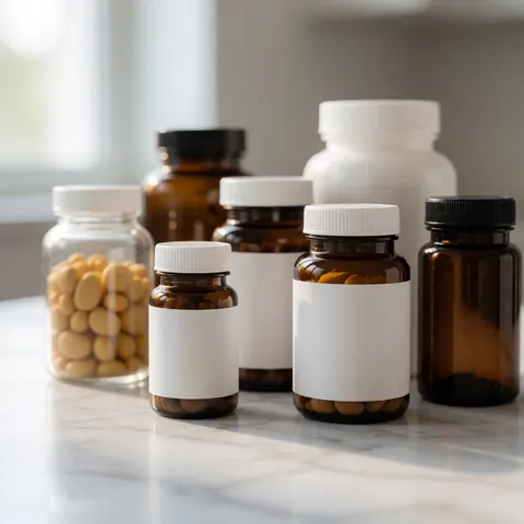 Des bouteilles de compléments vitaminiques posées sur un comptoir en marbre, éclairées par la lumière naturelle avec un fond flou.