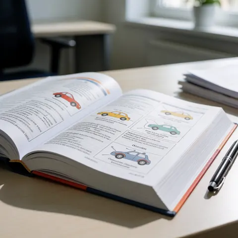 Livre de théorie de la conduite ouvert sur une table avec des diagrammes de véhicules et un stylo à côté.