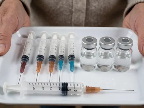 Main tenant un plateau avec des seringues et des flacons de vaccins pour usage vétérinaire, éclairage clinique.