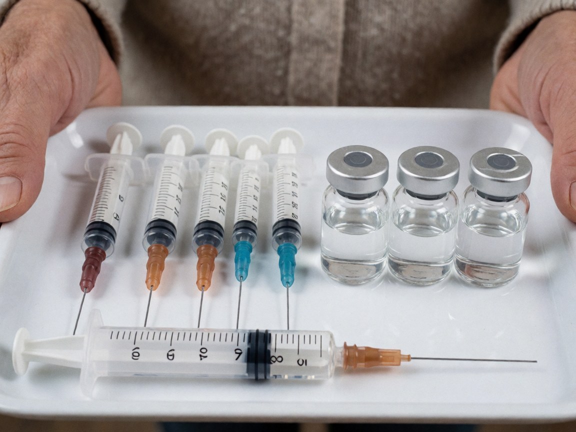 Main tenant un plateau avec des seringues et des flacons de vaccins pour usage vétérinaire, éclairage clinique.