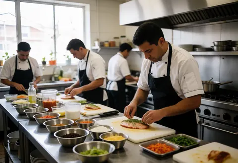 Cuisine professionnelle avec plusieurs chefs préparant des repas, éclairée par la lumière naturelle et équipée d'ustensiles de cuisine.