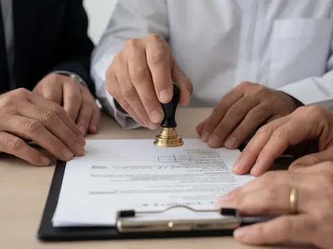 Des mains apposent un sceau sur un document d'assurance posé sur un bureau, tandis que d'autres mains observent le processus.