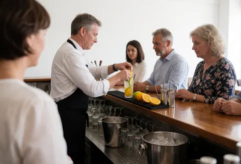 Un barman garnit un verre avec des rondelles de citron dans un bar animé, avec des clients et du matériel de bar en arrière-plan.