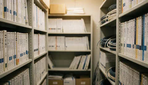 Étagères métalliques contenant des livres techniques et des câbles enroulés, éclairage chaleureux et flou d'arrière-plan adapté aux textes professionnels.