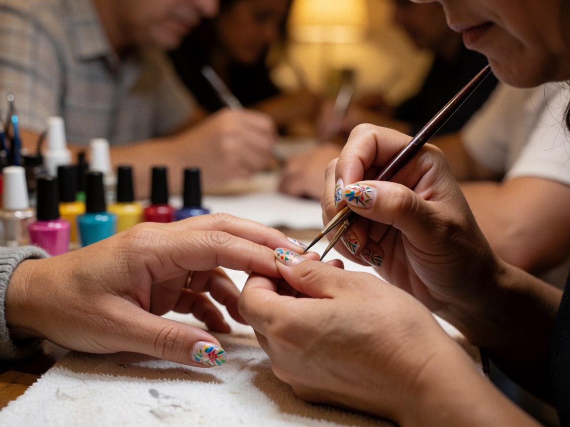 Application d'un design floral sur les ongles à l'aide d'un pinceau fin dans un salon de manucure.