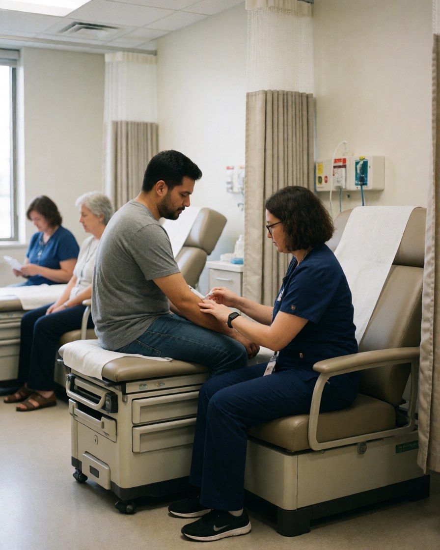Une infirmière effectue un prélèvement sanguin sur un patient masculin dans une clinique, tandis que d'autres personnes attendent en arrière-plan.