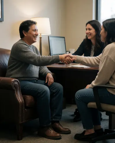 Cliente satisfaite serrant la main de son avocat dans un bureau professionnel et chaleureux.
