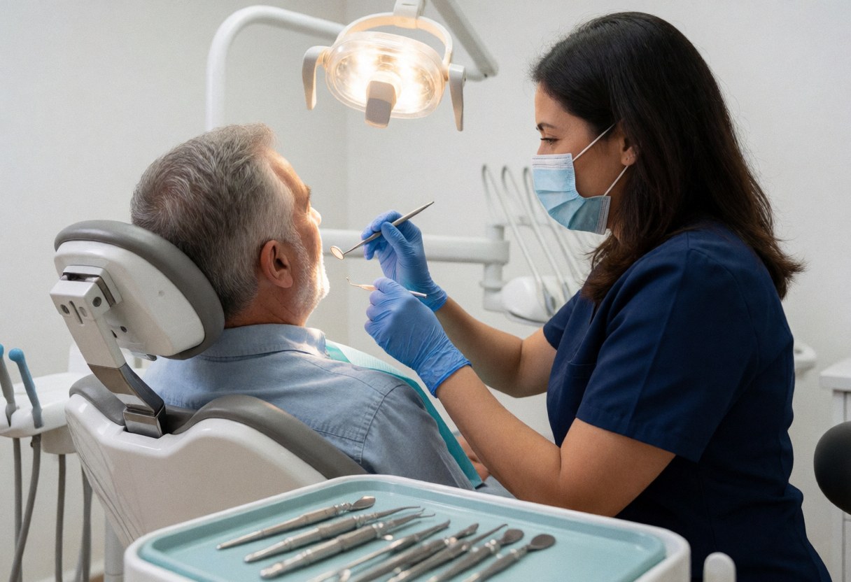 Un dentiste portant masque et gants examine un patient senior dans un cabinet moderne avec des instruments visibles.