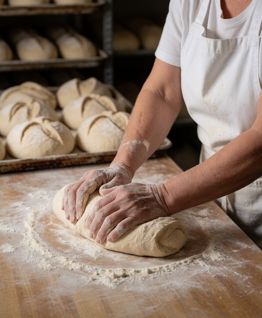 Mains de boulangère pétrissant la pâte dans une boulangerie avec des pains en arrière-plan.