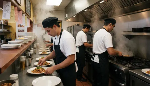 Vue d'une cuisine de restaurant professionnelle où des cuisiniers préparent des plats, avec de la vapeur et des cuisinières visibles.